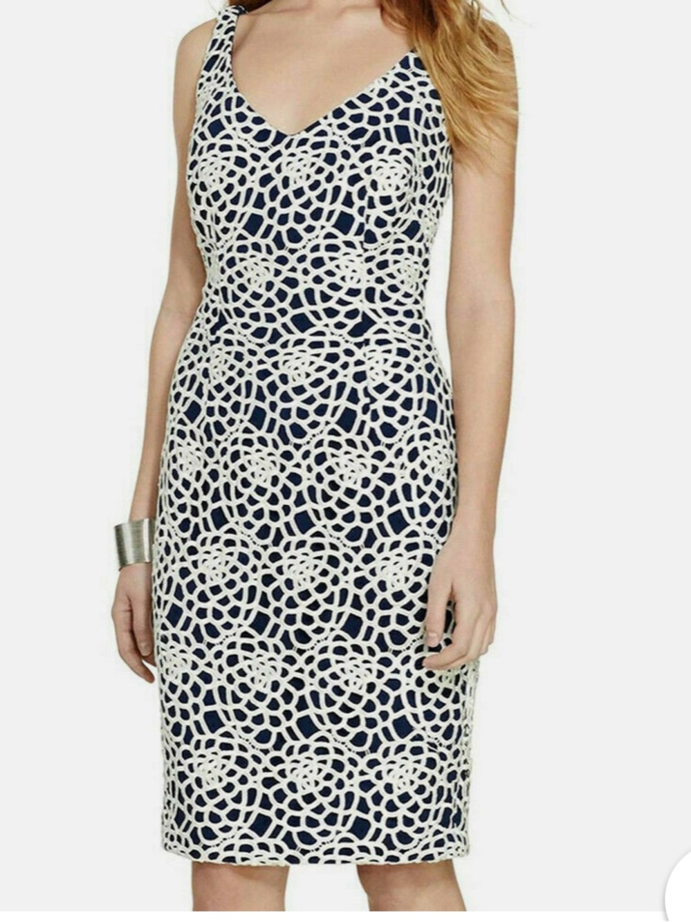 RALPH LAUREN Ivory Blue Crochet Lace Sleeveless Sheath Dress 14